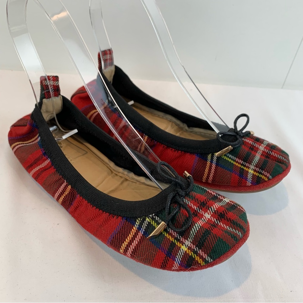 Yosi Samra Red Plaid Tartan Sandrine Foldable Ballet Flats sz 7 Holiday Festive